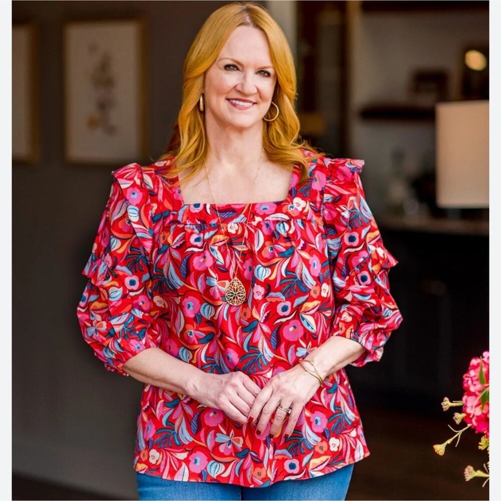 The Pioneer Women Floral Quarter Length Sleeve Vibrant Colorful Blouse Size M